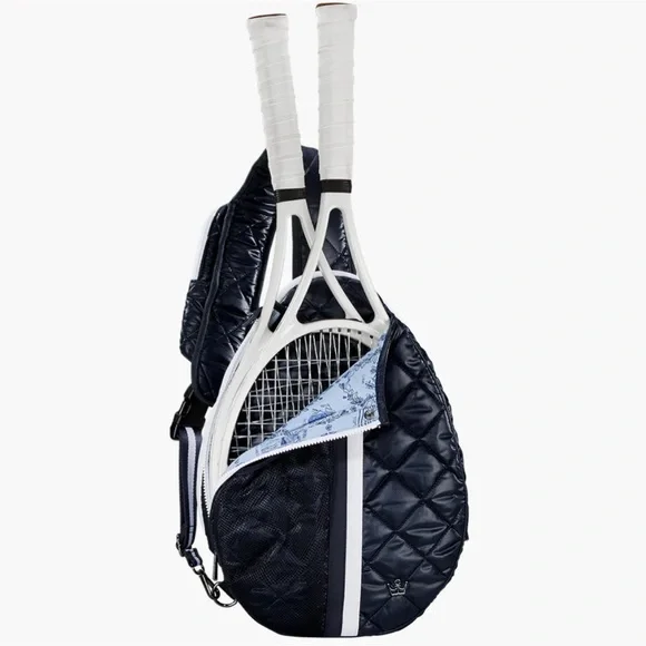 Oliver Thomas Navy Blue Maxxed Out Quilted Tennis Sling Bag with White Accents - Picture 10 of 13